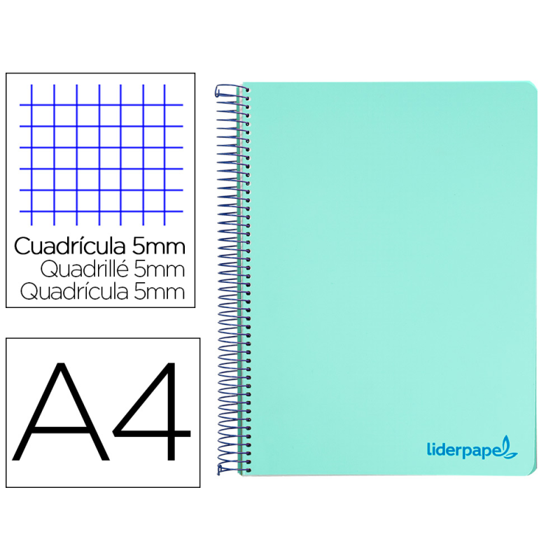 Cuaderno espiral liderpapel a4 micro wonder tapa plastico 120h 90gr cuadro 5mm 5 banda 4 taladro color verde turquesa