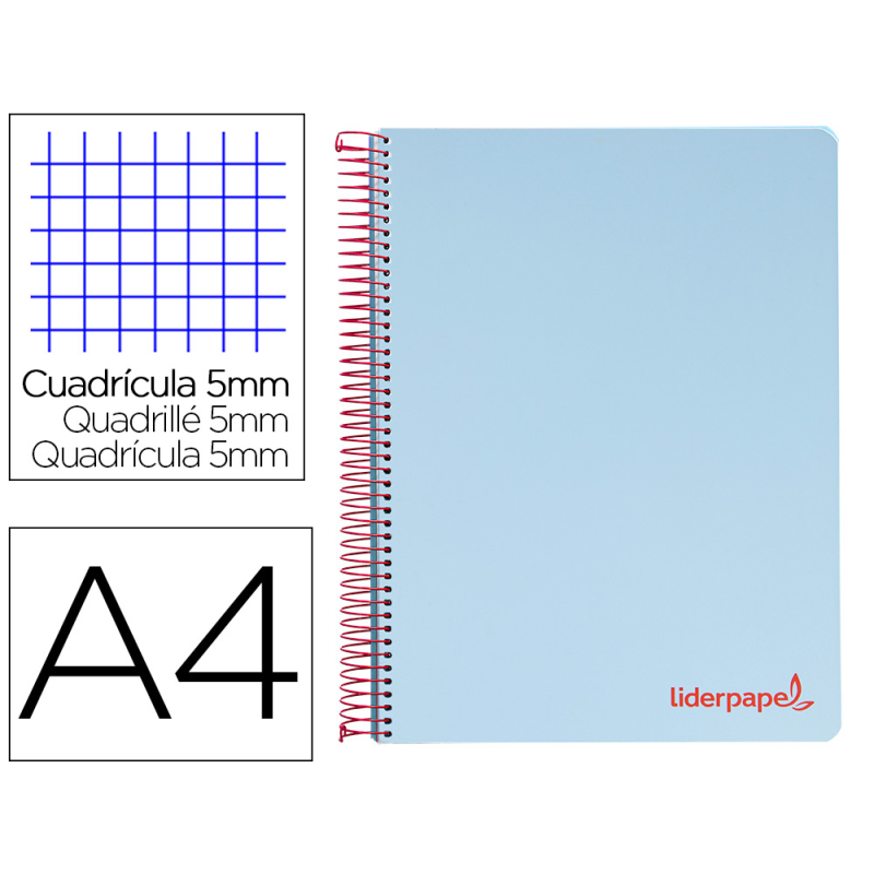 Cuaderno espiral liderpapel a4 micro wonder tapa plastico 120h 90gr cuadro 5mm 5 banda 4 taladros color celeste