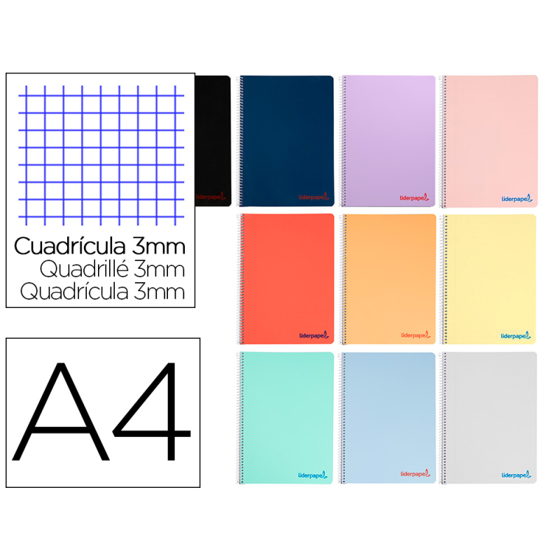 Cuaderno espiral liderpapel a4 wonder tapa plastico 80h 90gr cuadro 3mm con margen colores surtidos