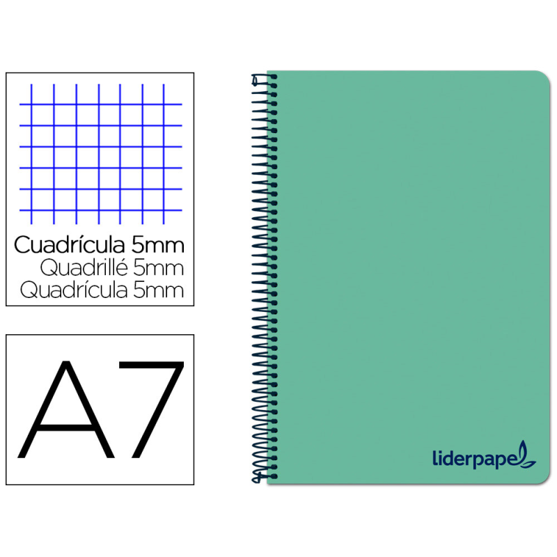 Cuaderno espiral liderpapel a7 micro wonder tapa plastico 100h 90gr cuadro 5mm 4 bandas color verde pastel turquesa