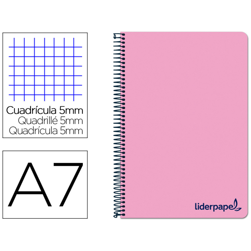 Cuaderno espiral liderpapel a7 micro wonder tapa plastico 100h 90gr cuadro 5mm 4 bandas color rosa