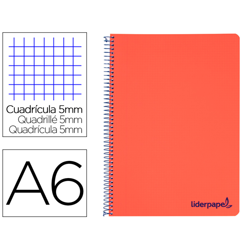 Cuaderno espiral liderpapel a6 micro wonder tapa plastico 120h 90 gr cuadro 5mm 4 bandas color rojo