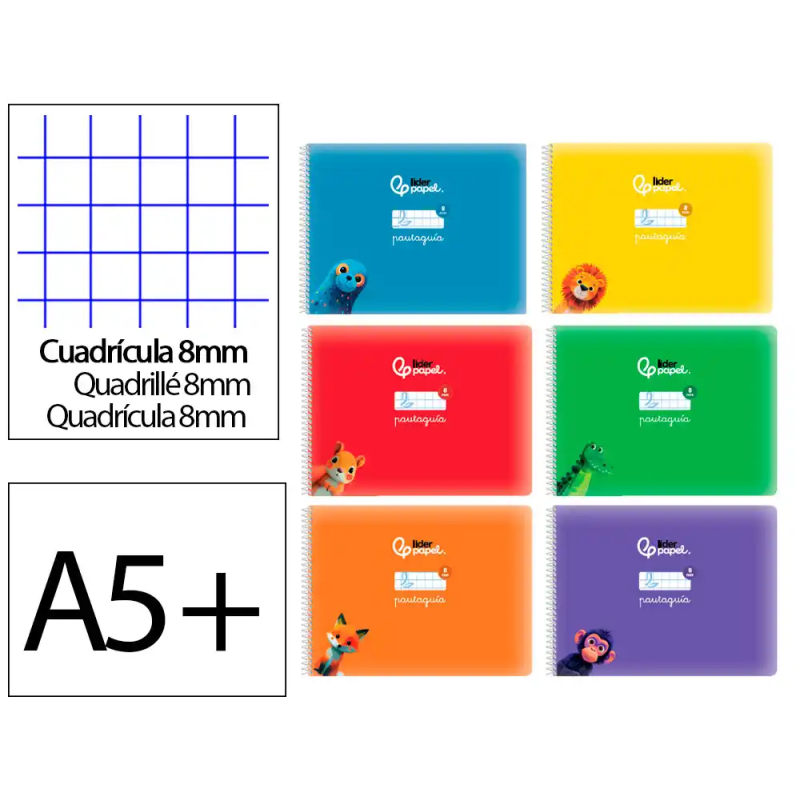 Libreta liderpapel pautaguia tapa cartoncillo 32h din a5+ 75gr cuadriculado pautado 8mm apaisada con margen 6 colores