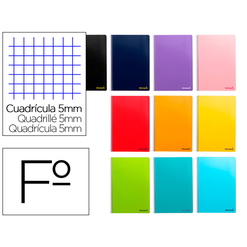 Cuaderno espiral liderpapel folio smart tapa blanda 80h 60gr cuadro 5mm con margen colores surtidos