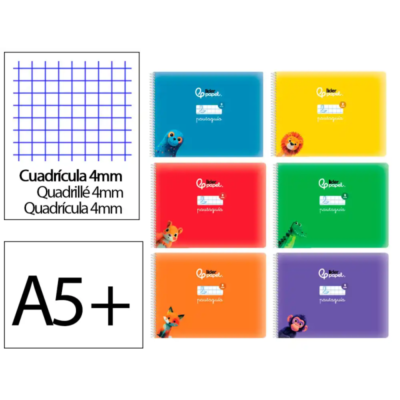 Libreta liderpapel pautaguia tapa cartoncillo 32h din a5+ 75gr cuadriculado pautado 4mm apaisada con margen 6 colores