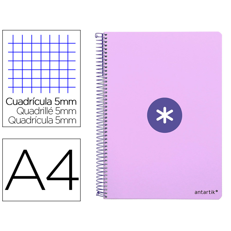 Cuaderno espiral antartik a4 micro tapa dura 80h 100 gr cuadro 5 mm sin bandas 4 taladros color lavanda
