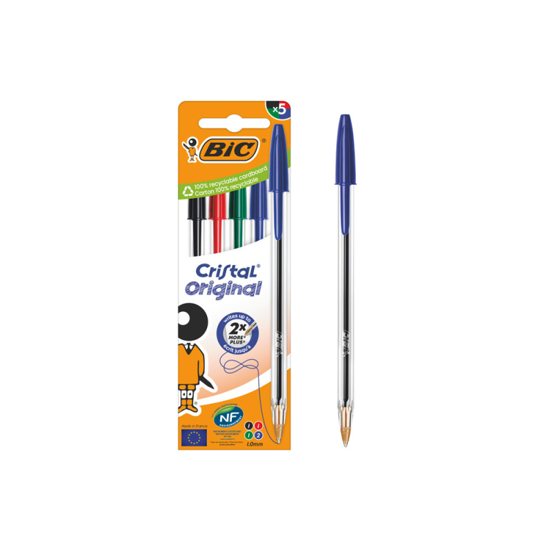 Boligrafo bic cristal original bolsa de 5 unidades colores surtidos 2 azul /1 negro /1 rojo /1 verde