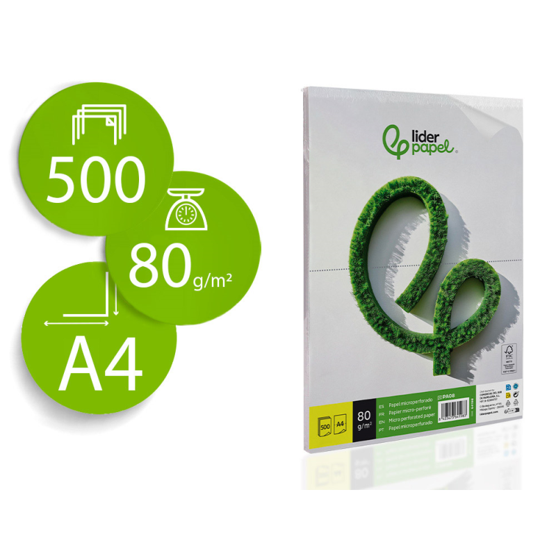 Papel liderpapel a4 80g/m2 liso microperforado en dos partes iguales paquete de 500 hojas