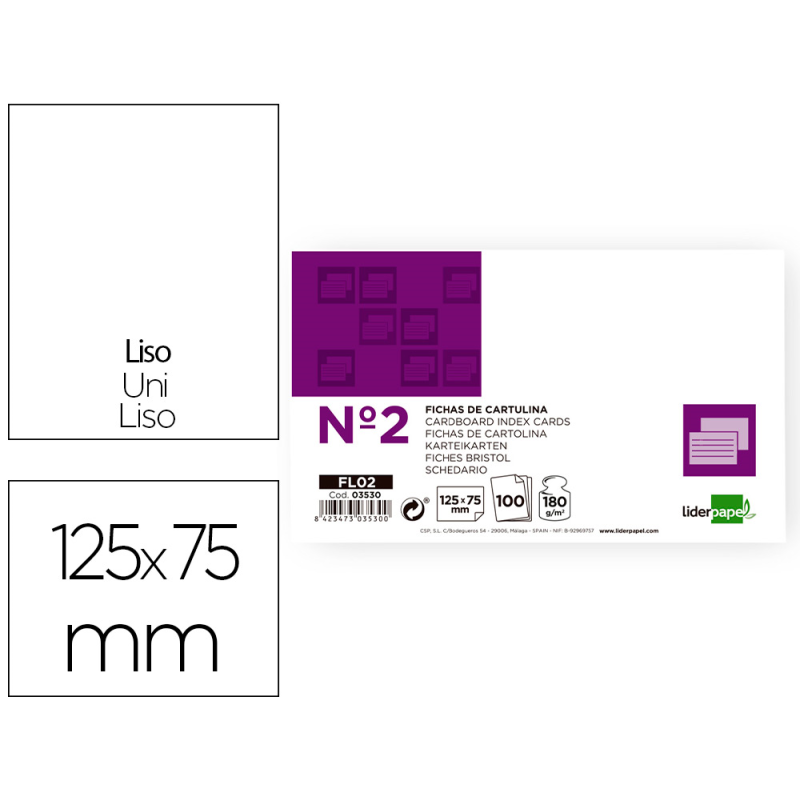 Ficha liderpapel lisa nº2 75x125mm 180gr paquete de 100 unidades