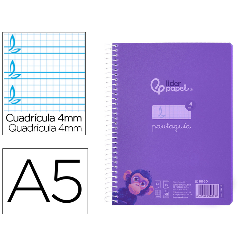 Cuaderno espiral liderpapel a5 pautaguia tapa plastico 80h 90gr cuadro pautado 4 mm con margen color lila