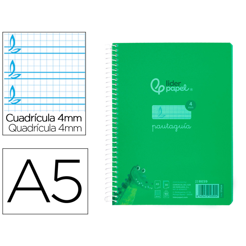 Cuaderno espiral liderpapel a5 pautaguia tapa plastico 80h 90gr cuadro pautado 4mm con margen color verde