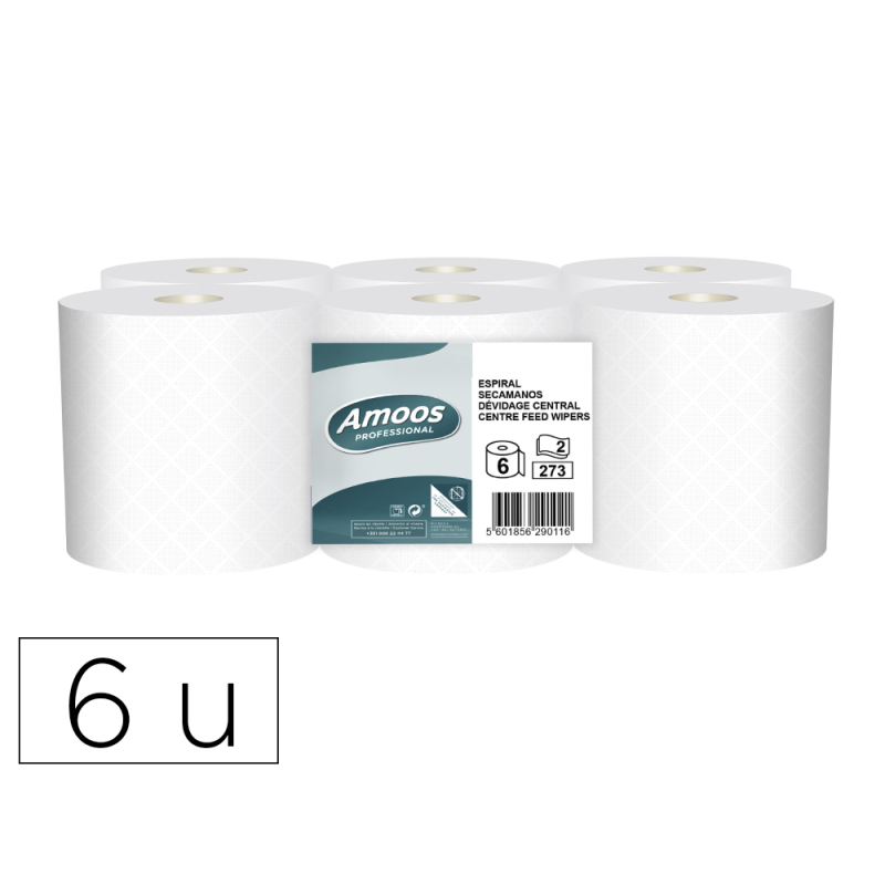 Papel secamanos amoos industrial 2 capas 32g/m2 blanco 90 mt paquete de 6 rollos