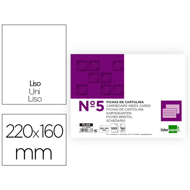 Ficha liderpapel lisa nº5 160x220mm 180gr paquete de 100 unidades