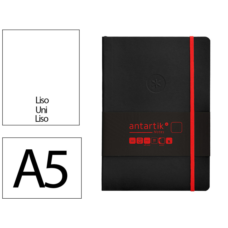 Cuaderno con gomilla antartik notes tapa blanda a5 hojas lisas negro y rojo 80 hojas 80 gr fsc