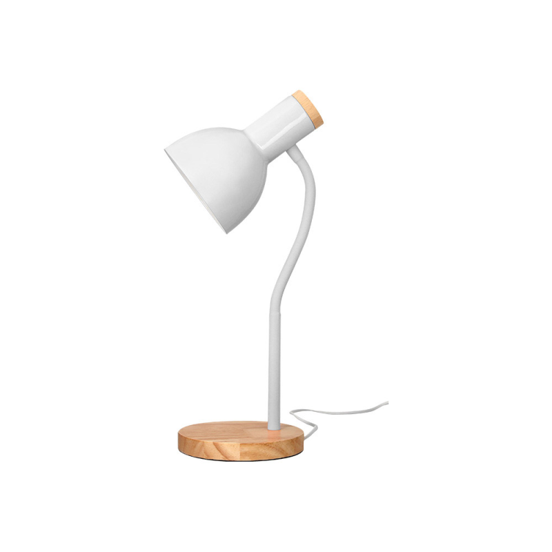 Lampara de escritorio q-connect orion metalica con detalles de madera brazo flexible color blanco