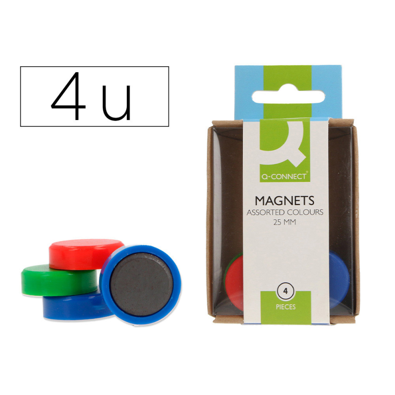Iman para sujecion q-connect ideal para pizarras magneticas 25 mm colores surtidos caja de 4 unidades