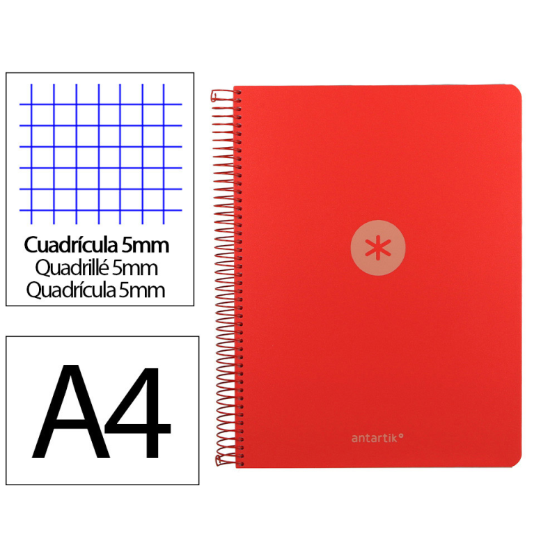 Cuaderno espiral antartik micro a4 tapa foam 120h 90gr cuadro 5mm 5 bandas 4 taladros color rojo
