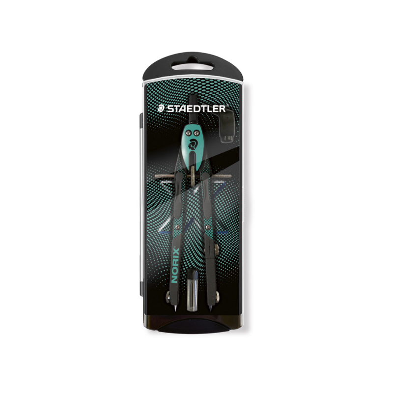 Compas staedtler noris 555 con husillo y rueda central sin alargadera tubo de minas y aguja color verde turquesa
