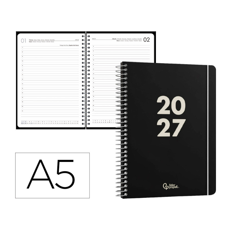 Agenda oficina liderpapel 2027 espiral basic dia pagina a5 bilingue 60g papel fsc design 1