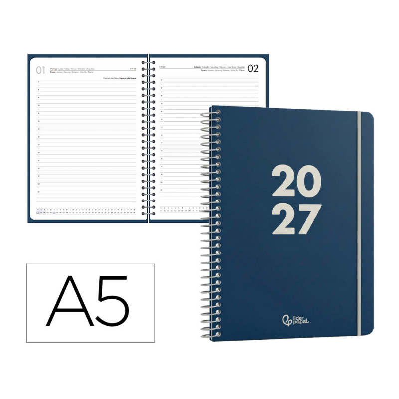 Agenda oficina liderpapel 2027 espiral basic dia pagina a5 bilingue 60g papel fsc design 2