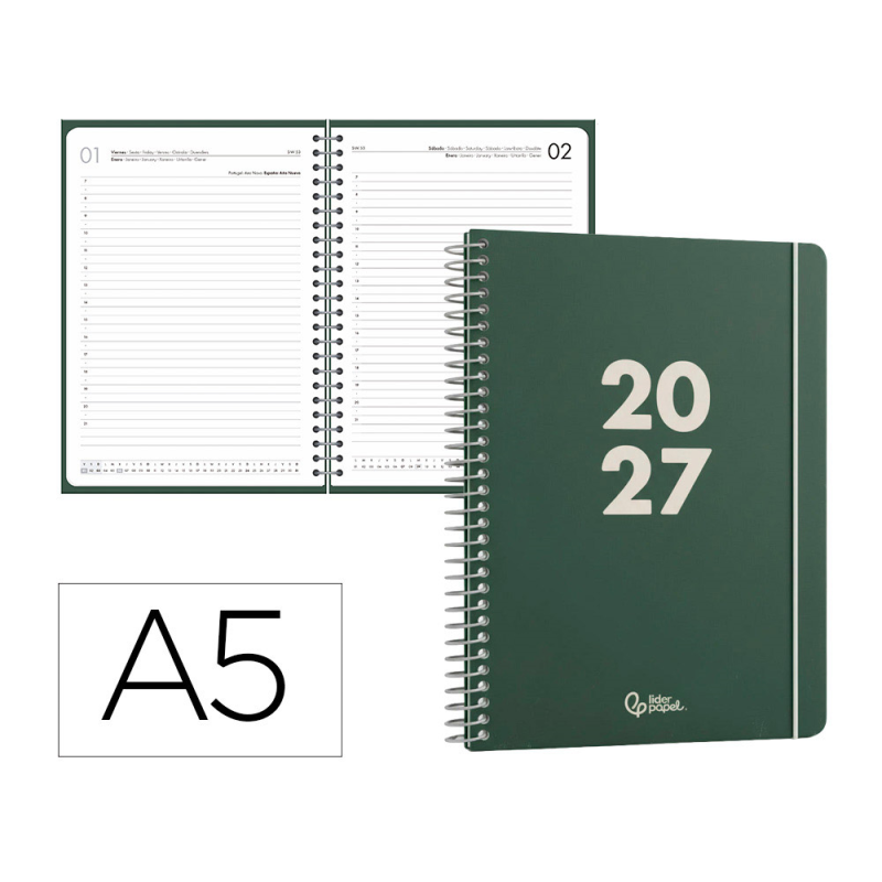 Agenda oficina liderpapel 2027 espiral basic dia pagina a5 bilingue 60g papel fsc design 4