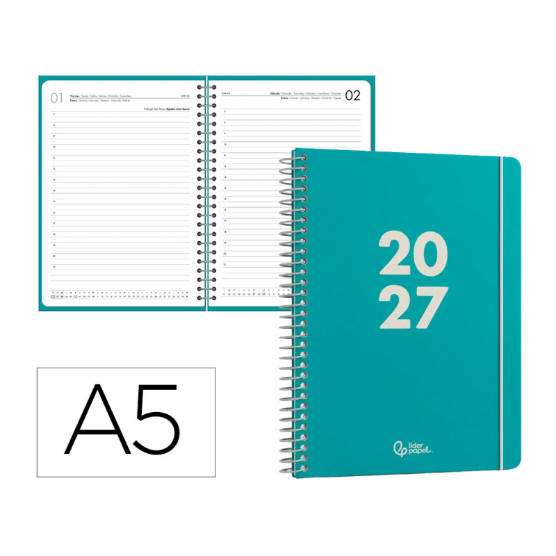 Agenda oficina liderpapel 2027 espiral basic dia pagina a5 bilingue 60g papel fsc design 5