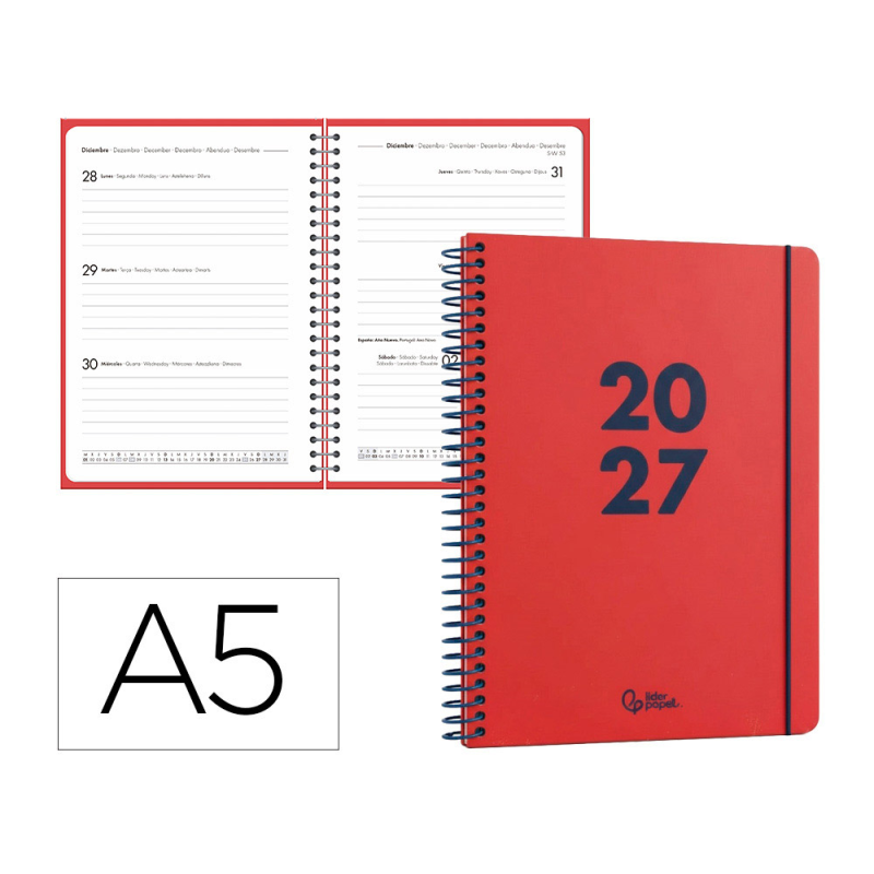 Agenda oficina liderpapel 2027 espiral basic semana vista a5 bilingue 60g papel fsc design 3