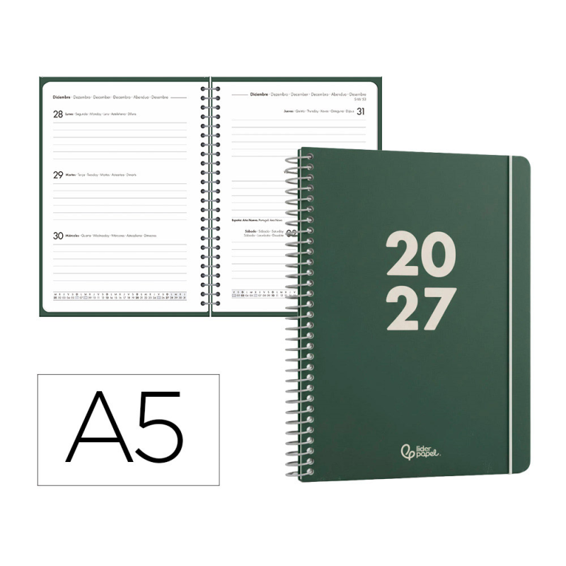 Agenda oficina liderpapel 2027 espiral basic semana vista a5 bilingue 60g papel fsc design 4