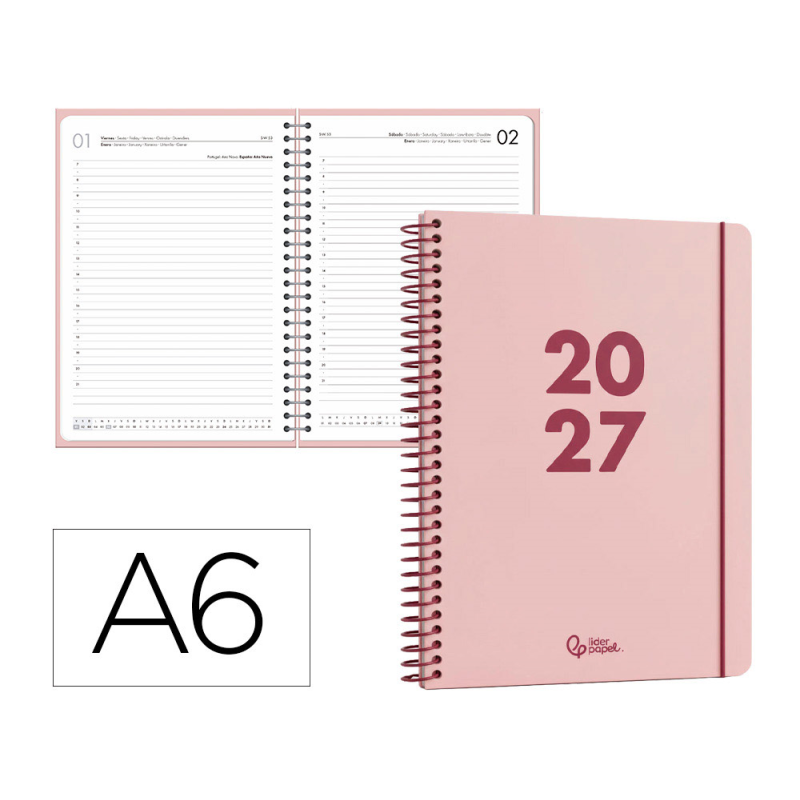 Agenda oficina liderpapel 2027 espiral basic dia pagina a6 bilingue 60g papel fsc design 6