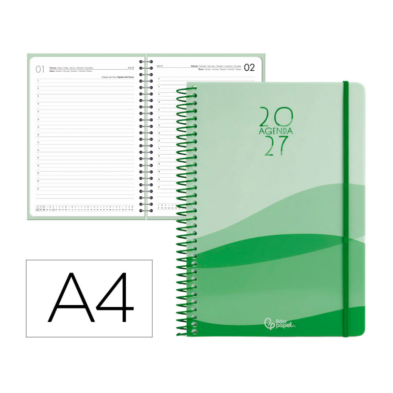 Agenda oficina liderpapel 2027 espiral gazi dia pagina a4 bilingue 70g papel fsc design 4