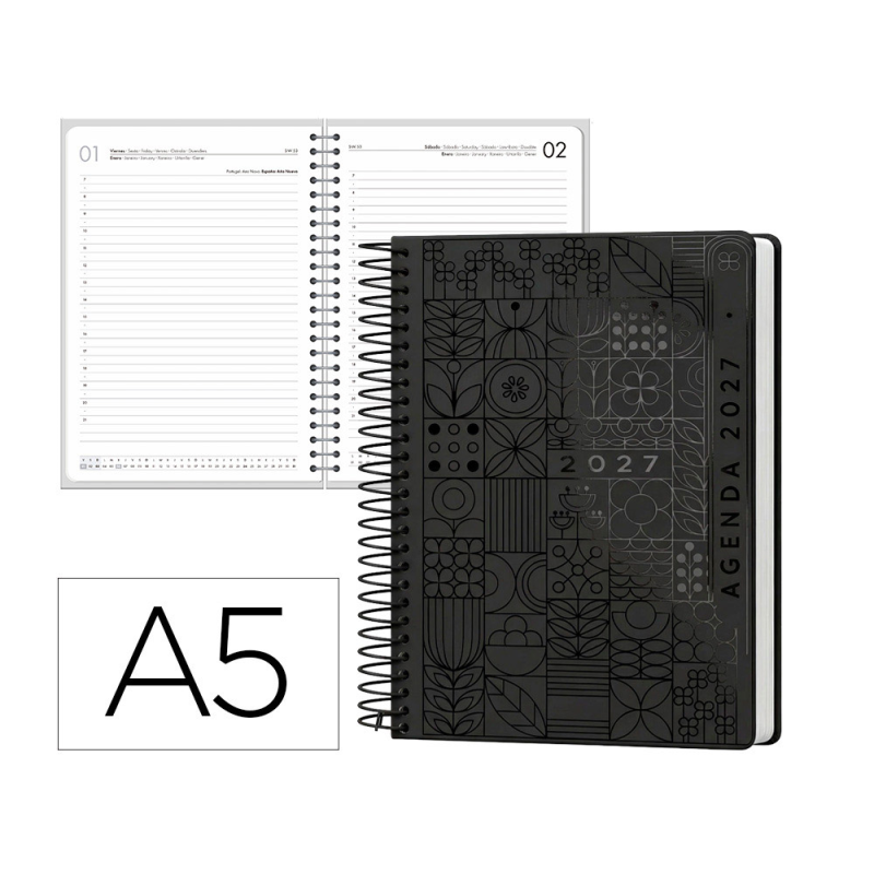 Agenda oficina liderpapel 2027 espiral syros dia pagina a5 bilingue 60g papel fsc black