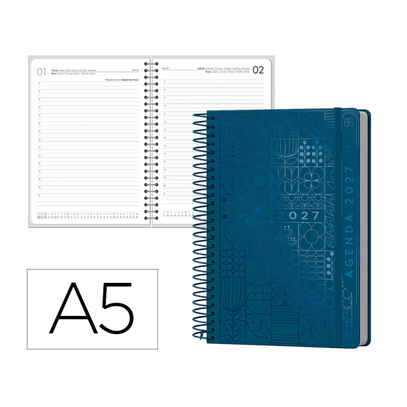 Agenda oficina liderpapel 2027 espiral syros dia pagina a5 bilingue 60g papel fsc navy blue