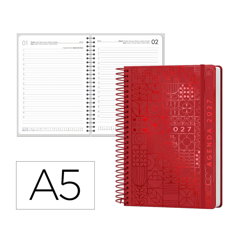 Agenda oficina liderpapel 2027 espiral syros dia pagina a5 bilingue 60g papel fsc red