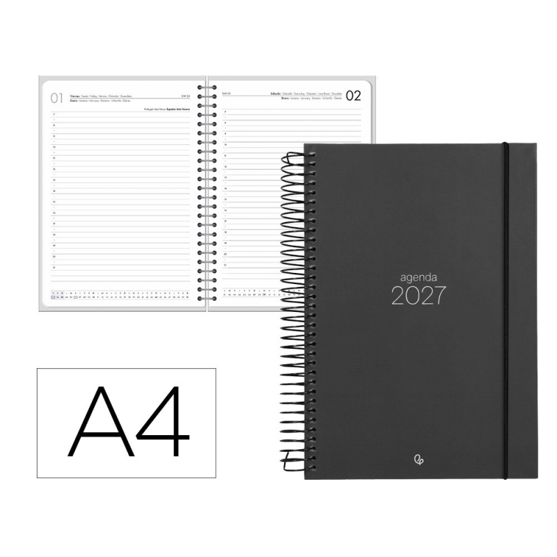Agenda oficina liderpapel 2027 espiral olbia dia pagina a4 bilingue 60g papel fsc black