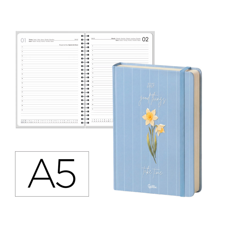 Agenda oficina liderpapel 2027 encuadernada flowers a semana vista a5 bilingue 70g papel fsc design 1