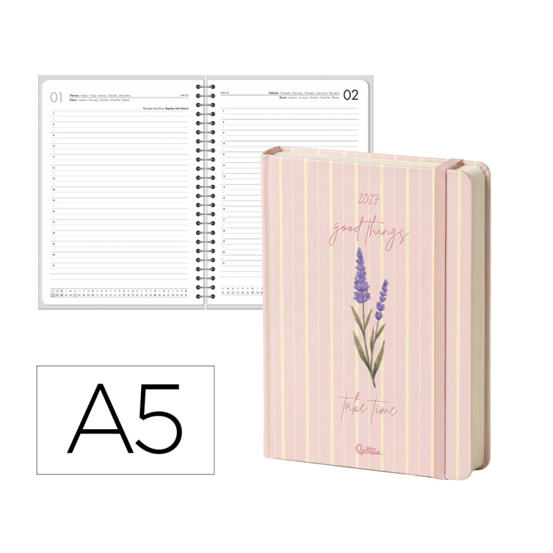 Agenda oficina liderpapel 2027 encuadernada flowers a semana vista a5 bilingue 70g papel fsc design 3