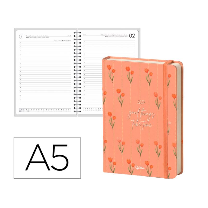 Agenda oficina liderpapel 2027 encuadernada flowers a semana vista a5 bilingue 70g papel fsc design 4