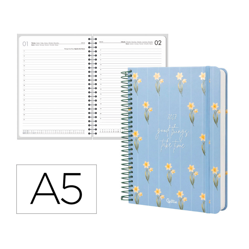 Agenda oficina liderpapel 2027 espiral flowers a dia pagina a5 bilingue 70g papel fsc design 1