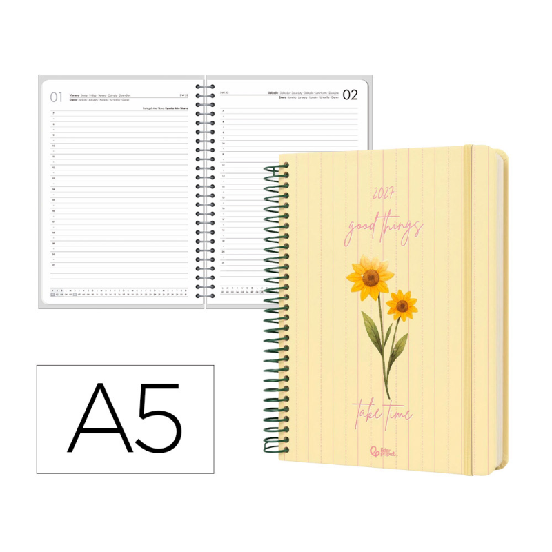 Agenda oficina liderpapel 2027 espiral flowers a dia pagina a5 bilingue 70g papel fsc design 2