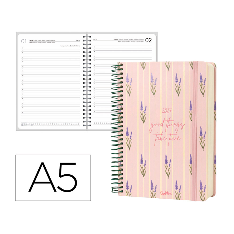 Agenda oficina liderpapel 2027 espiral flowers a dia pagina a5 bilingue 70g papel fsc design 3