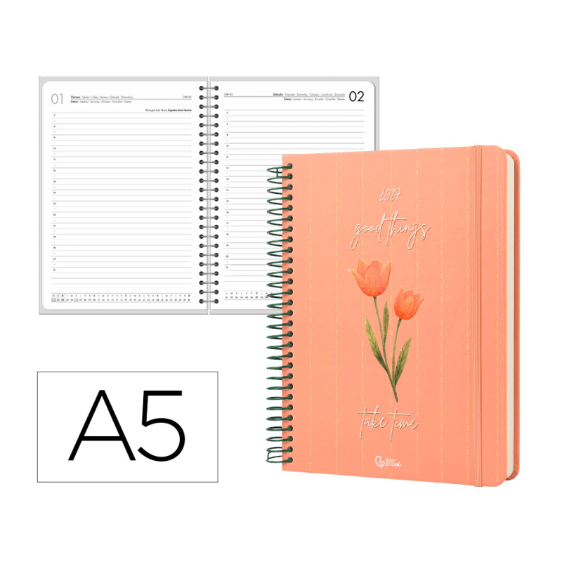 Agenda oficina liderpapel 2027 espiral flowers a dia pagina a5 bilingue 70g papel fsc design 4