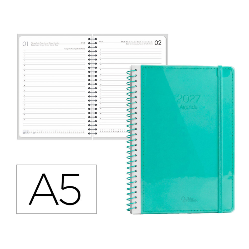 Agenda oficina liderpapel 2027 espiral neon dia pagina a5 bilingue 70g papel fsc design 2