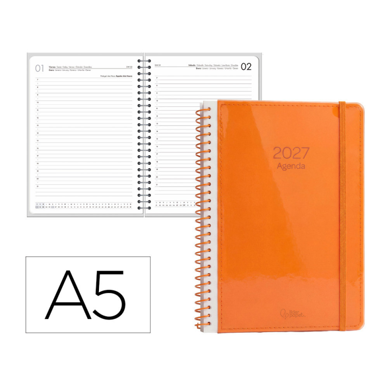 Agenda oficina liderpapel 2027 espiral neon dia pagina a5 bilingue 70g papel fsc design 4