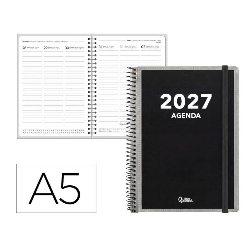 Agenda oficina liderpapel 2027 espiral personalizable semana vista a5 bilingue 70g papel fsc design 1