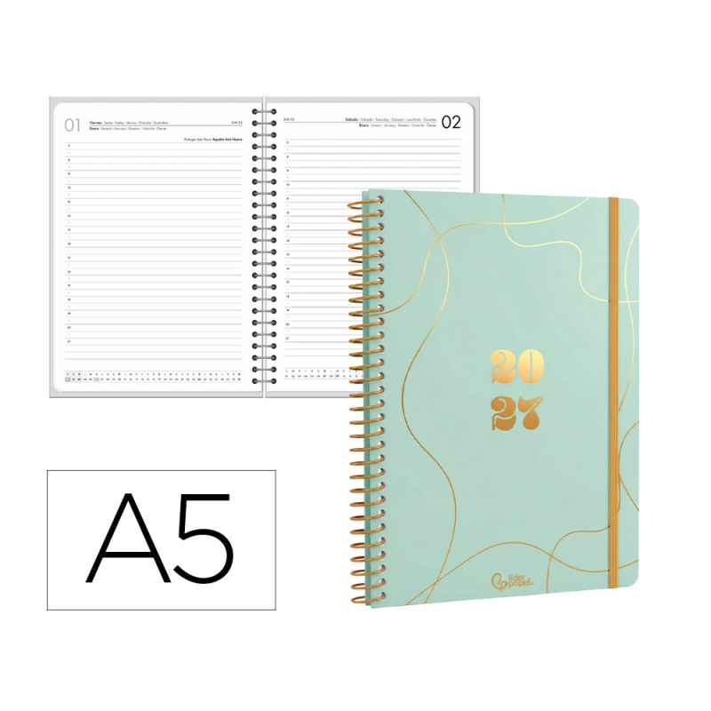Agenda oficina liderpapel 2027 espiral perissa dia pagina a5 bilingue 80g papel fsc design 2