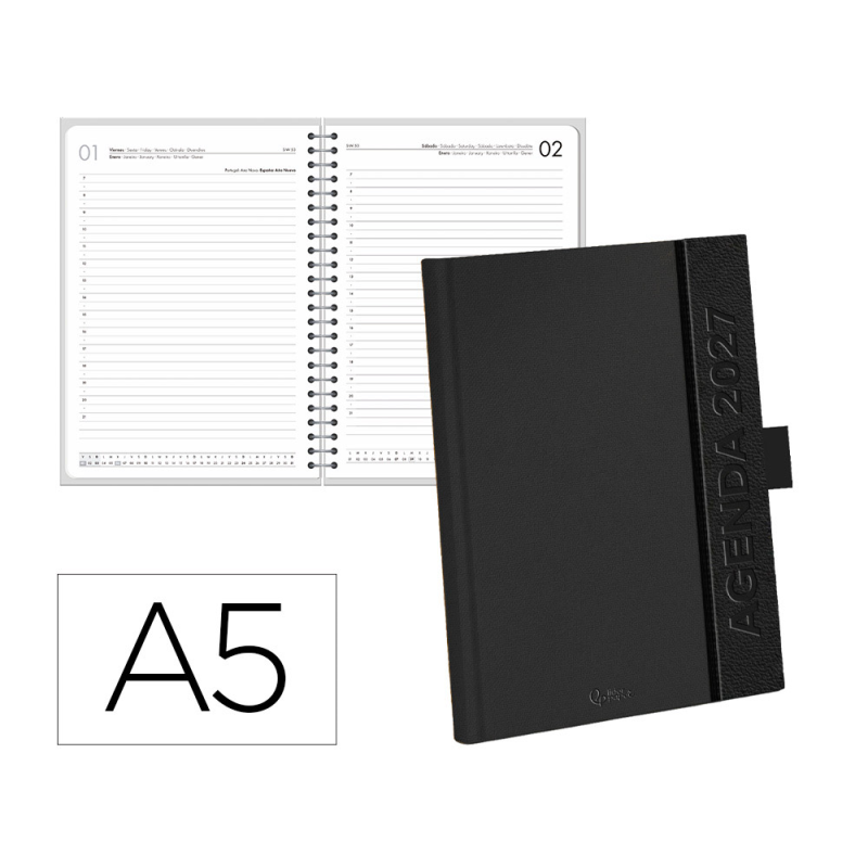 Agenda oficina liderpapel 2027 encuadernada corporate a dia pagina a5 bilingue 70g papel fsc black
