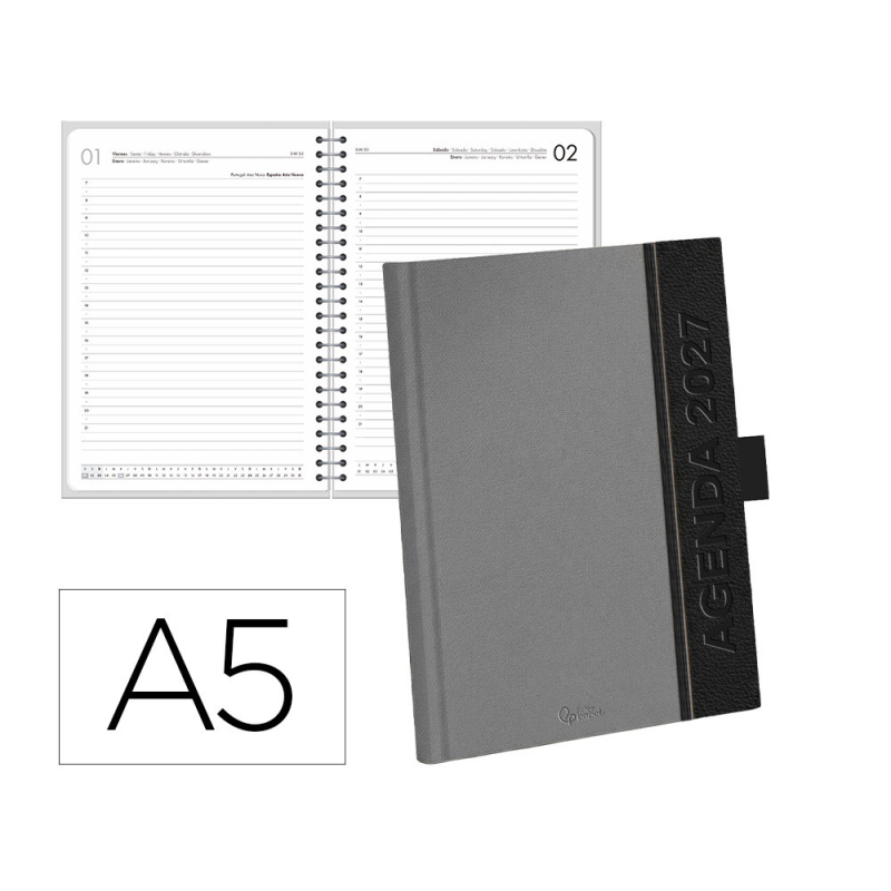 Agenda oficina liderpapel 2027 encuadernada corporate a dia pagina a5 bilingue 70g papel fsc grey