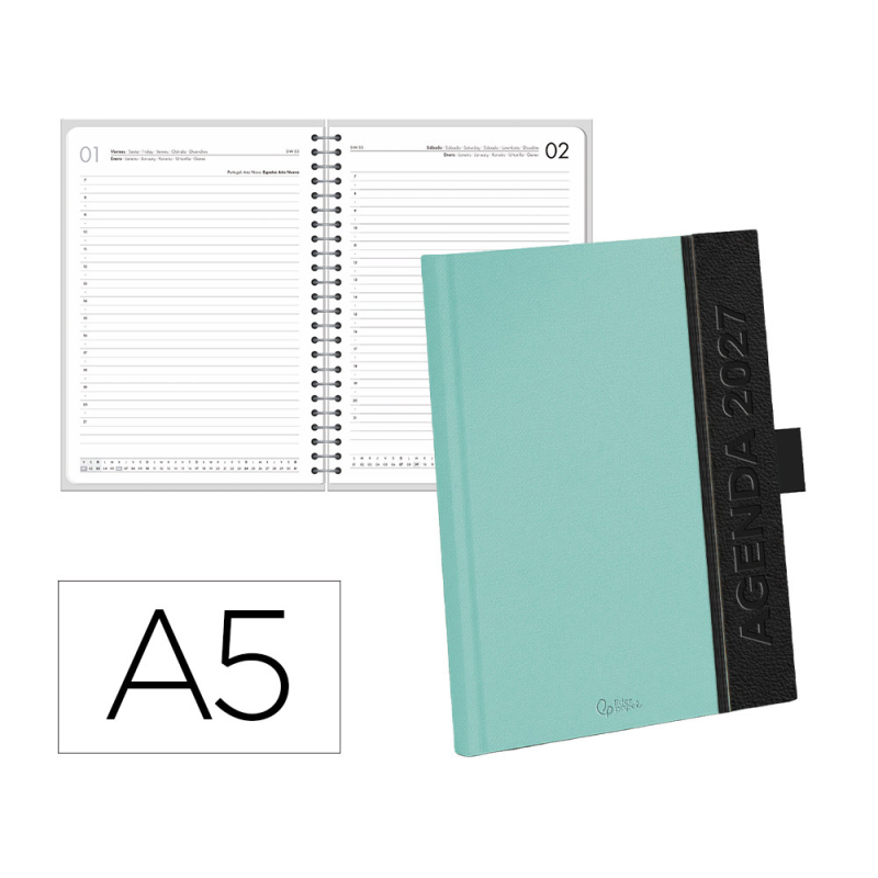 Agenda oficina liderpapel 2027 encuadernada corporate a dia pagina a5 bilingue 70g papel fsc turquoise