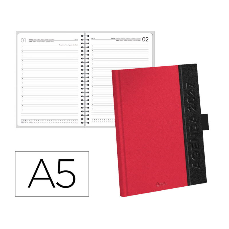 Agenda oficina liderpapel 2027 encuadernada corporate a dia pagina a5 bilingue 70g papel fsc burgundy
