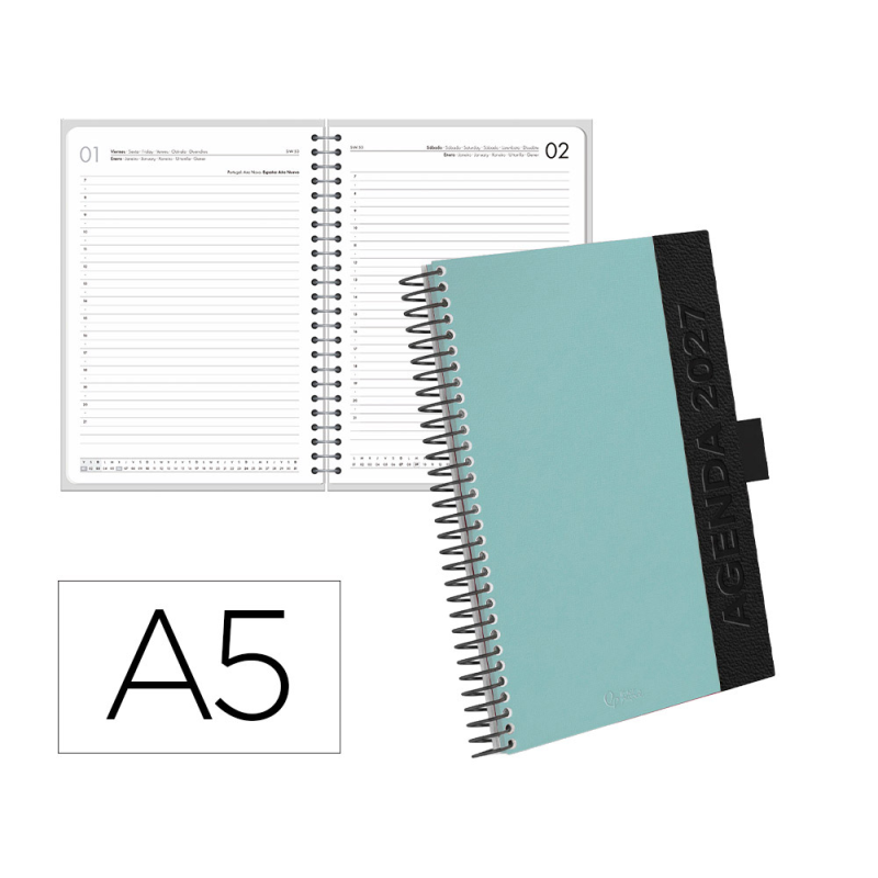 Agenda oficina liderpapel 2027 espiral corporate a dia pagina a5 bilingue 70g papel fsc turquoise